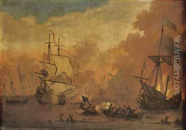A man-o'-war firing at a sinking ship, smallschips exchanging fire from close range Oil Painting - Willem van de Velde the Younger