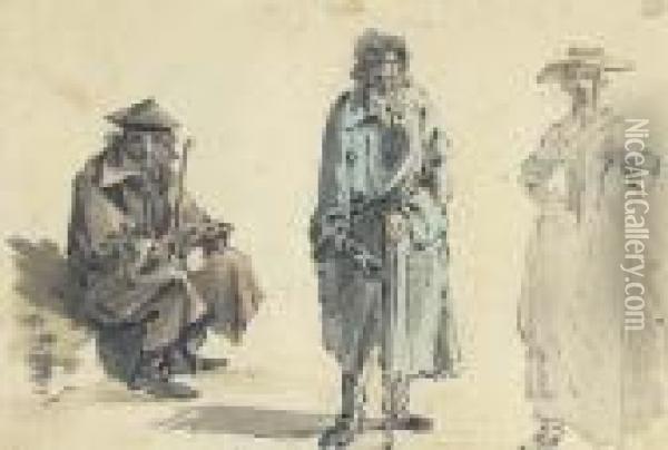 Three Figure Studies Of An Elegant Lady And Two Gentleman, Onewearing A Greatcoat Oil Painting - William Marlow