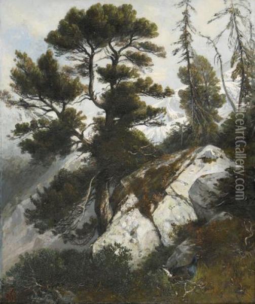 Steile Gebirgspartie Mit Einem Auerhahn Oil Painting - Albert De Meuron