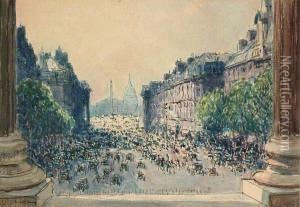La Rue Royale, Vue De La Madeleine. Oil Painting - Emile Louis Truffot