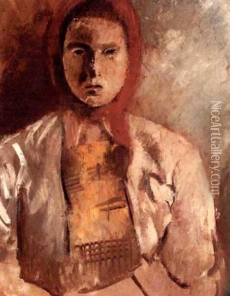 Femme Au Foulard Rouge Oil Painting - Charles Dufresne