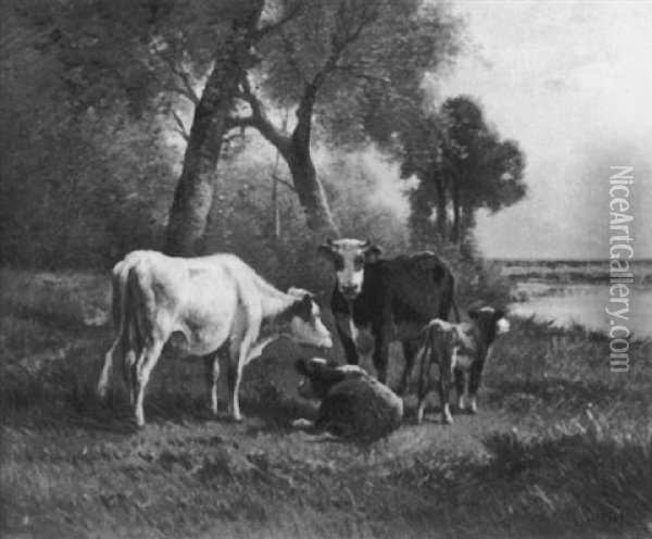 Cattle In Landscape Near River Oil Painting - Andres Cortes y Aguilar