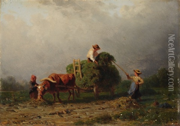 Hay Harvest Beneath A Gathering Storm Oil Painting - Karl Girardet