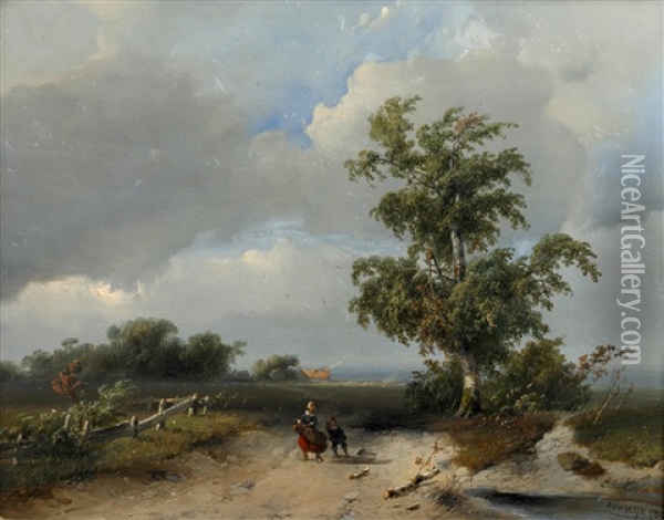 Figures On A Country Track Oil Painting - Adrianus Jacobus Vrolyk
