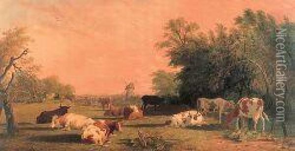 Cattle Grazing In A River Landscape At Sunset Oil Painting - Henry Charles Bryant