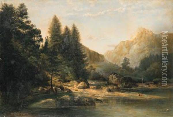 A Mountainous River Landscape Oil Painting - Franz von Lenbach