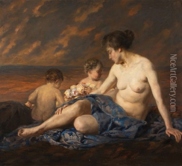 Baigneuse Et Jeunes Enfants Sur Une Plage Oil Painting - Peter von Hamme-Voitus