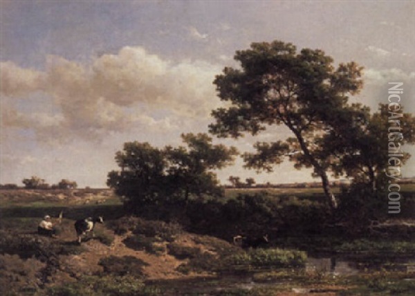 A Girl Herding Cows By A Pond Oil Painting - Willem Roelofs