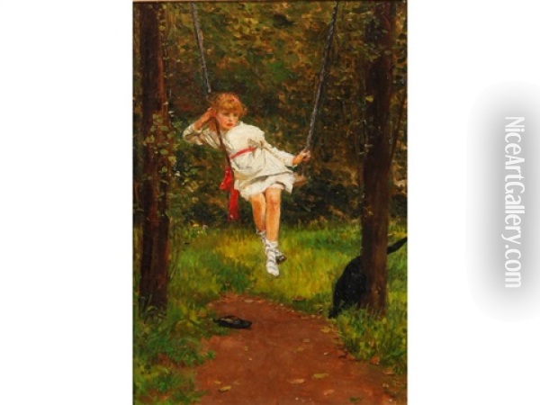 A Girl On A Swing In A Garden Oil Painting - Lionel Percy Smythe