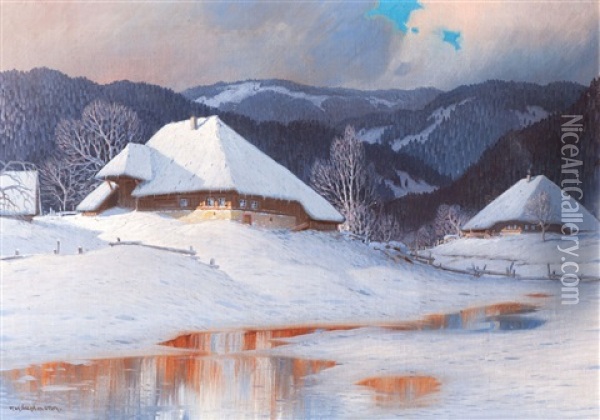Two Snow-covered Black Forest Houses In The Evening Sun, A Frozen Fire Pond In The Foreground Oil Painting - Karl Hauptmann