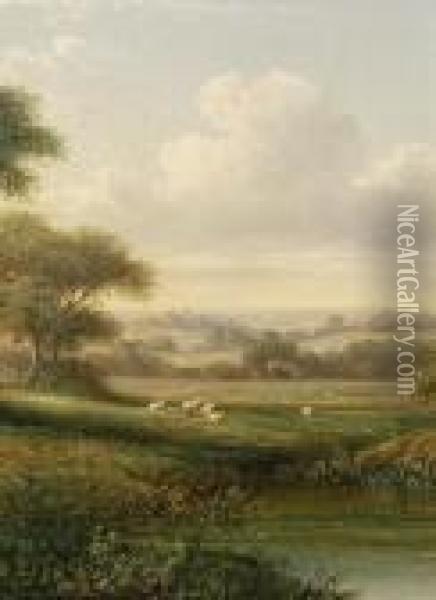 Sheep Grazing In An Extensive Landscape Oil Painting - William Pitt