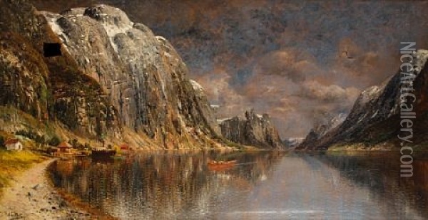 An Extensive Fjord Landscape With Figures In A Boat Oil Painting - Johann Holmstedt