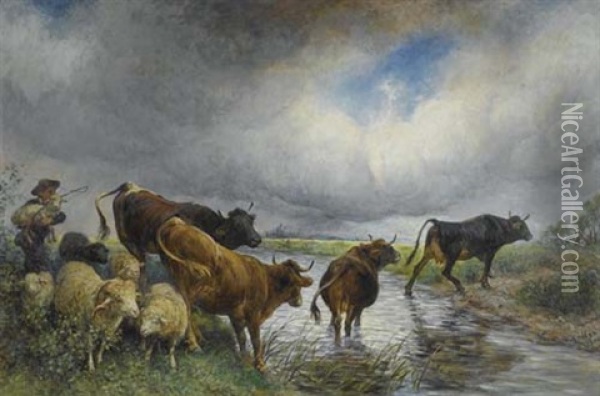 Herde Beim Uberqueren Der Furt Oil Painting - Johann Rudolf Koller