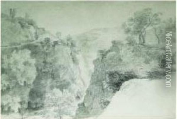 Paysage Des Environs De Rome : Les Cascades De Tivoli (?) Oil Painting - Simon-Joseph-Alexandre-Clement Denis