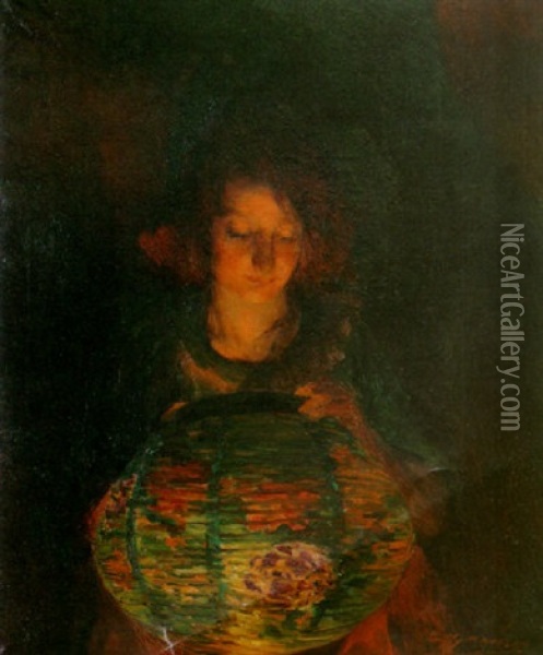A Girl Holding A Chinese Lantern Oil Painting - Luis Graner y Arrufi