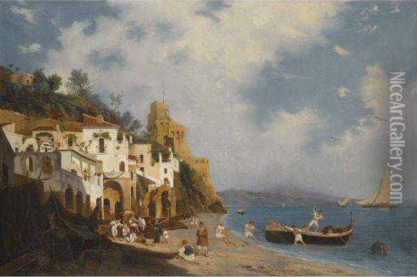 A View Of Cetara On The Amalfi Coast Oil Painting - Beniamino De Francesco