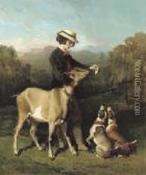 Feeding The Goat Oil Painting - Alfred De Dreux