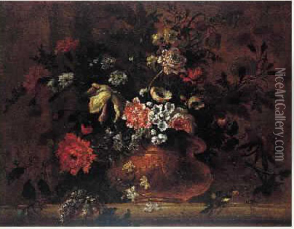 Vase De Fleurs Sur Un Entablement : Pavot, Anemone Double, OEillets, Tulipe Et Jasmins Oil Painting - Claude Huilliot