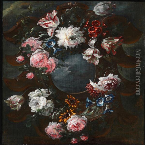 Flower Garland With Roses And Tulips Oil Painting - Jean-Baptiste Morel