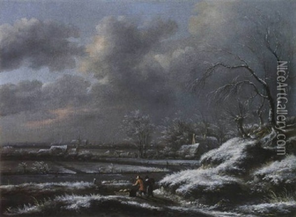 A Winter Landscape With A Man Pushing A Sledge In The Foreground, And A View Of Haarlem With The St. Bavo Beyond Oil Painting - Nicolaes Molenaer