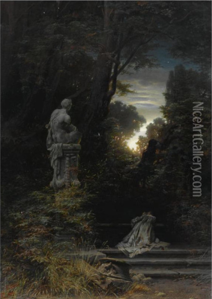 A Woman At A Fountain With Rising Moon Oil Painting - Ferdinand Knab