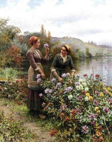 Peasant Girls In Flower Garden Oil Painting - Daniel Ridgway Knight