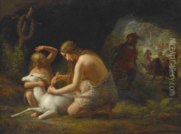 Genoveva Von Brabant Mit Ihrem Sohn In Der Waldeinsamkeit Oil Painting - Frederik Ludwig Storch