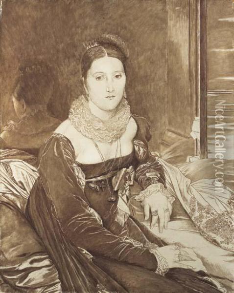 Portrait Of Vicomtesse De 
Senonnes, Nee Marie Marcoz, After Ingres, Three-quarter Length, Seated 
On A Sofa Oil Painting - James Jacques Joseph Tissot
