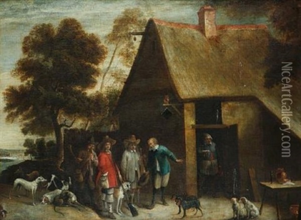 Huntsmen And Their Dogs Gathered Outside A Country Inn Oil Painting - Lambert de Hondt