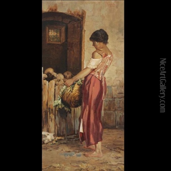 Peasant Girl With Sheep Oil Painting - Vincenzo Caprile
