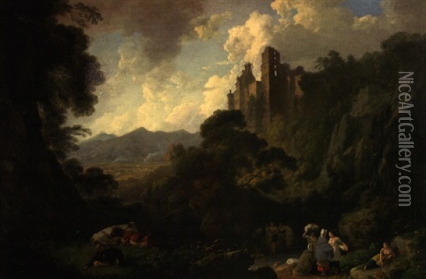 Ansicht Von Roslyn Castle Oil Painting - Julius Caesar Ibbetson