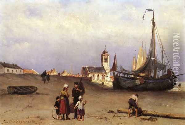 Fisher Folk and Beach Bomschuiten, near Katwijk Oil Painting - Johannes Hermanus Koekkoek Snr