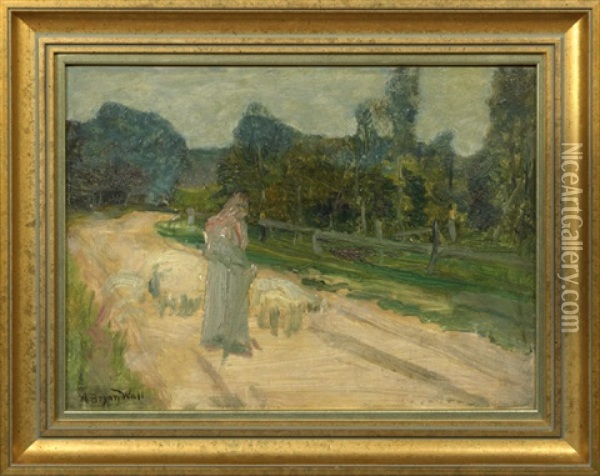 Figure And Sheep On A Fence Lined Country Road Oil Painting - A. Bryan Wall