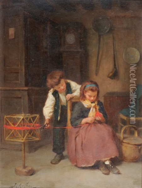 Interior Scene With A Girl Seated Winding Wool, A Boy Nearby Holding A Pair Of Scissors Oil Painting - Joseph Athanase Aufray