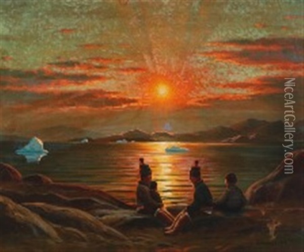Family In The Sunset, Greenland Oil Painting - Emanuel A. Petersen