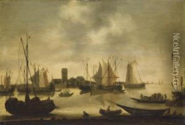 Shipping An Estuary, By A Walled Town Oil Painting - Hendrick Dubbels