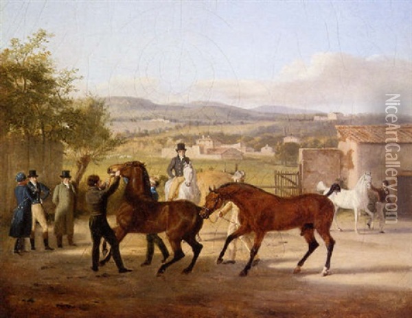 A Stallion Being Led To A Mare In Stable Yard, A Landscape With Villas Beyond Oil Painting - Jacques-Laurent Agasse