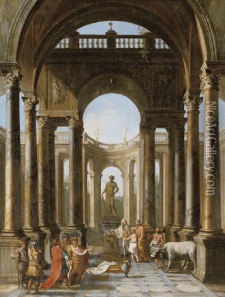 An Architectural Capriccio With Figures Making A Sacrifice Oil Painting - Alberto Carlieri