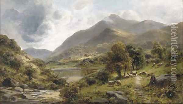 A shepherd with his flock in a lake landscape Oil Painting - James Peel