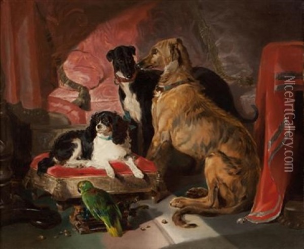 Hector, Nero And Dash With The Parrot, Lory Oil Painting - Sir Edwin Henry Landseer