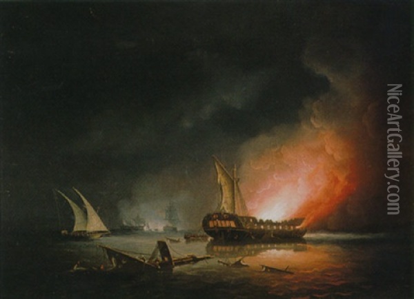 A Frigate On Fire After A Battle Oil Painting - Thomas Buttersworth