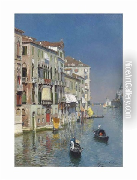 Gondolas On The Grand Canal, The Dogana And Santa Maria Della Salute Beyond, Venice Oil Painting - Rubens Santoro