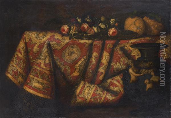 Nature Morte Aux Fleurs Et Citrons De Sorrente Sur Un Entablement Recouvert D'un Tapis Oil Painting - Pietro Paolo Bonzi