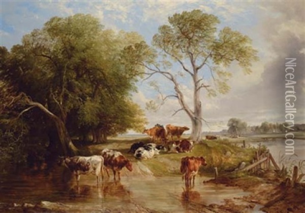 Morning In The Meadow (collab. W/thomas Sidney Cooper) Oil Painting - Frederick Richard Lee