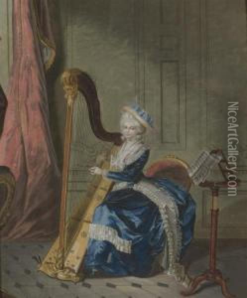 Une Jeune Femme Jouant De La Harpe Dans Un Interieur Oil Painting - Jean-Laurent Mosnier