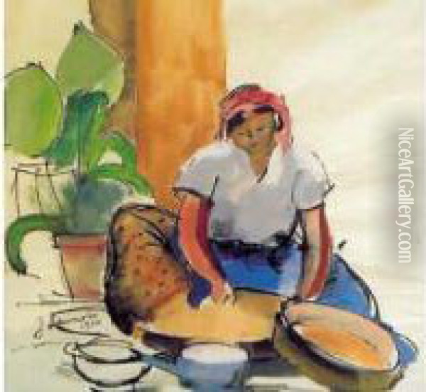 La Preparation Du Couscous Aquarelle, Signee En Bas A Gauche Et Datee 1920 Oil Painting - Jean Launois