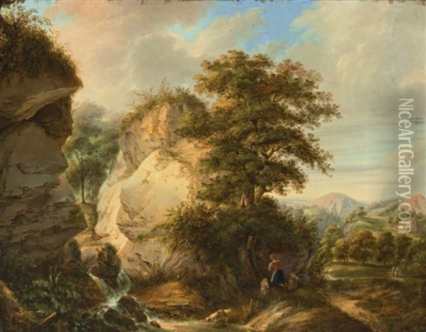 Zwischen Zwei Markanten Felsen Entspringt Ein Kleiner Bachlauf, Der Dem Vordergrund Zufliest Oil Painting - Thaddaus Millian