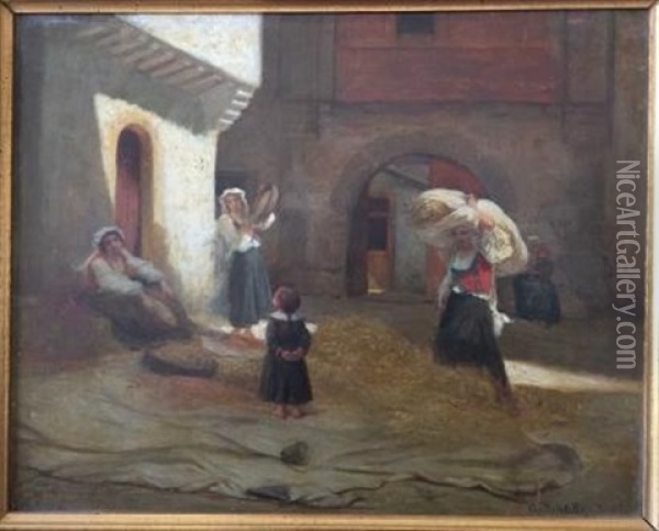 Scene De Glanage Dans Une Cour Oil Painting - Charles Zacharie Landelle