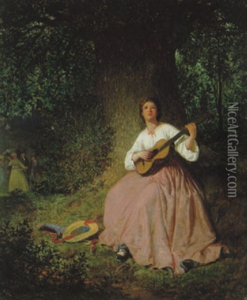 Kvinna Med Gitarr I Sommarlandskap Oil Painting - Knut Ekwall