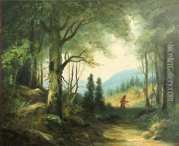 Hunter In A Forest Oil Painting - Adm Cooper